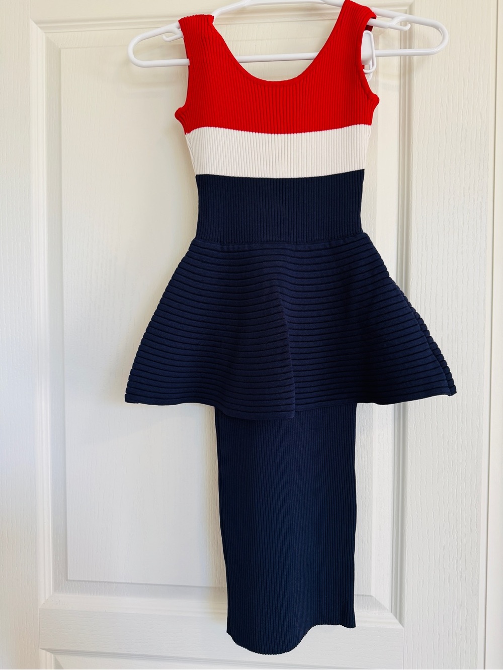 Colorblock Ribbed Knit Dress - Red White Navy